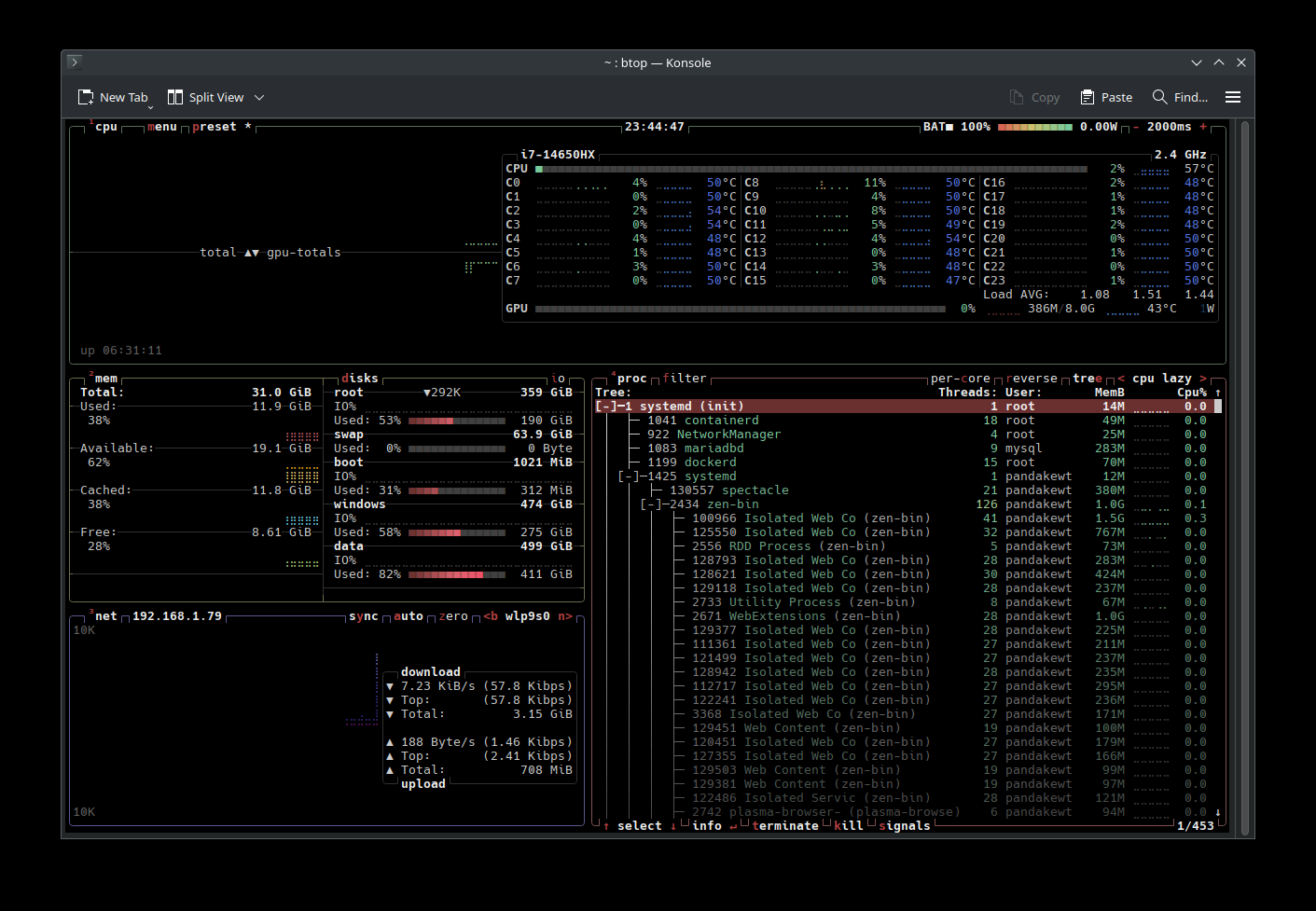 btop hiển thị process